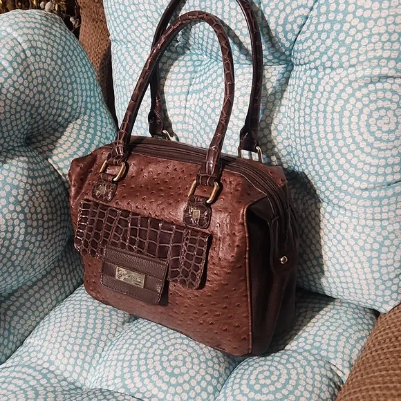 Brown Crocodile US Polo Embossed Leather Handbag - Picture 4 of 12